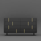 Black dresser with gold accents on a gray background. Bedroom furniture, Aesthetic modern design. 