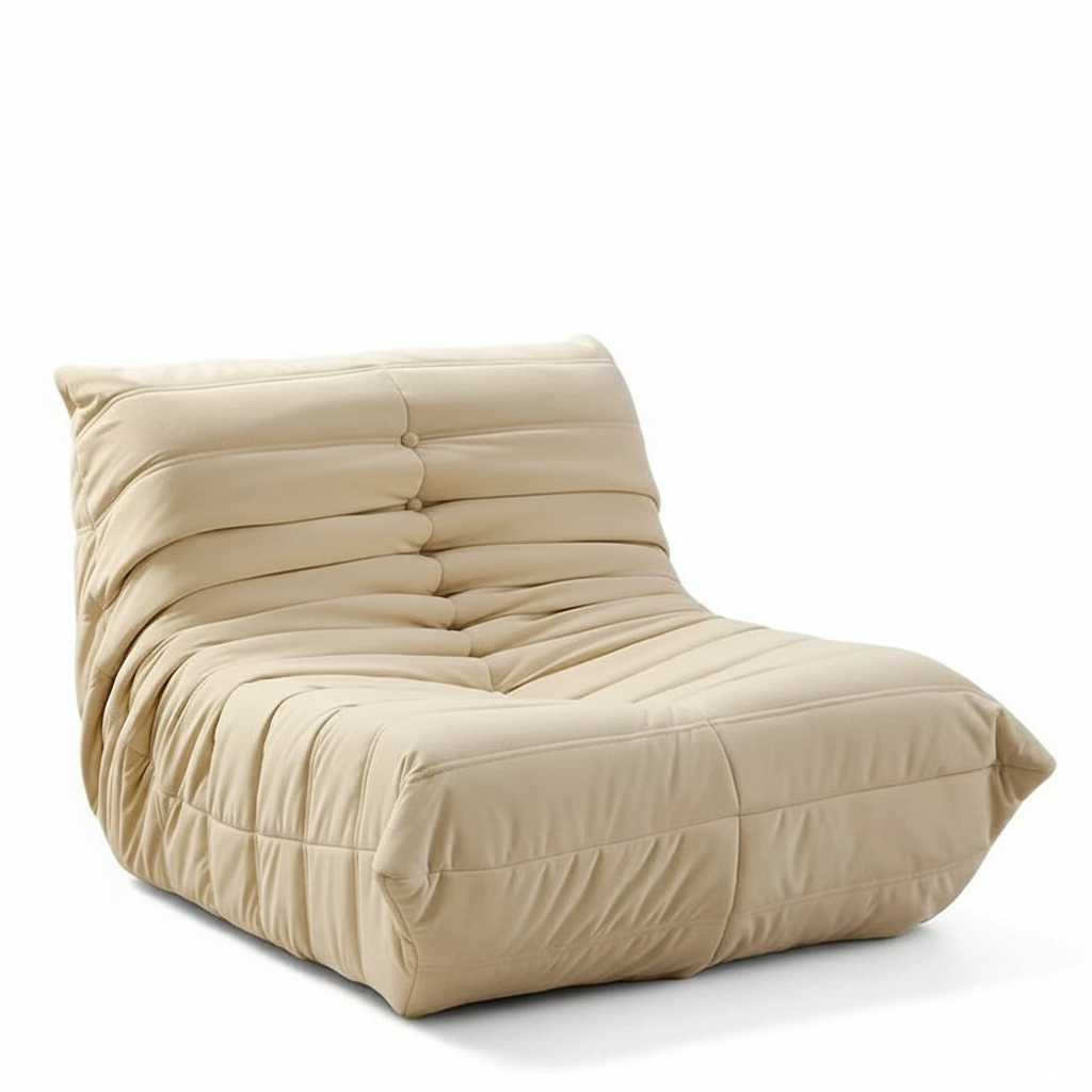 Beige lounge chair on a white background. Modern sofa style, aesthetic caterpillar sofa style, Accent style sofa, living room sofa, indoor furniture, outdoor furniture. 