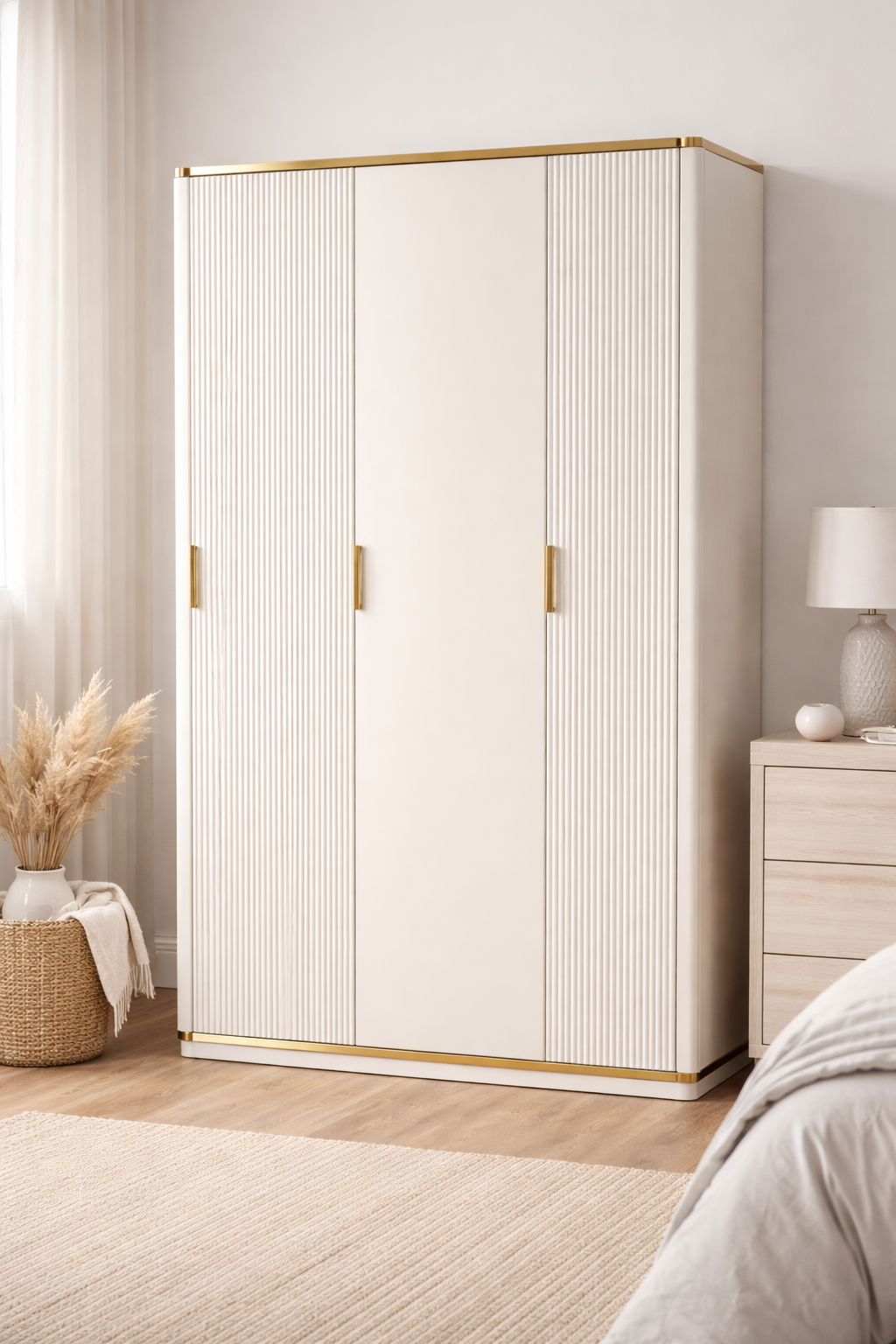 Modern Light Luxury Shoe Cabinet – 4 Doors with Dual Gold-Handle Drawers