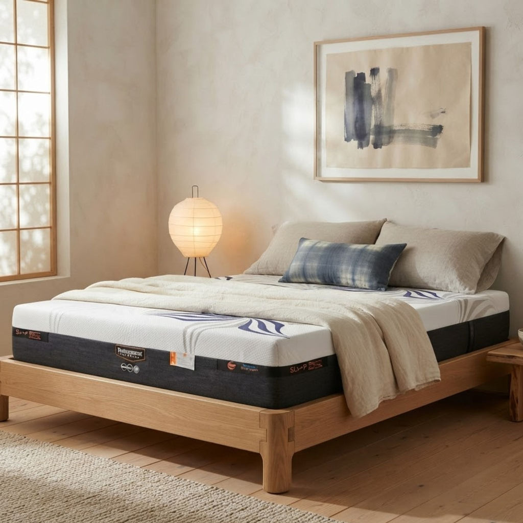 The Clarity Restorative Orthopedic Mattress arranged in a sunlit Japandi-style bedroom, emphasizing its firm support and clean, contemporary aesthetic.