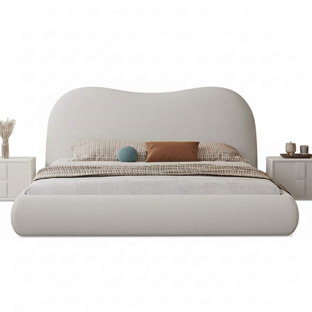Beige upholstered bed with pillows on a white background. Minimalist bedframe design, Upholstered bedframe, Bedroom furniture, modern aesthetic bed design, bedroom reset, indoor furniture. 