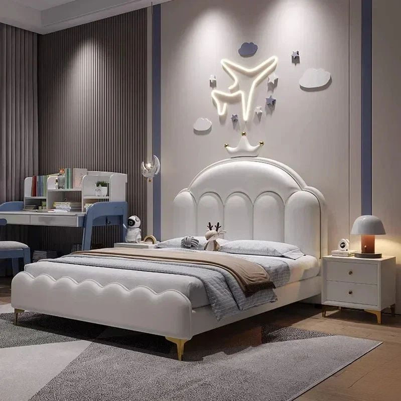Modern bedroom with a white bed, desk, and decorative wall lights. Cloud bedframe design, Children bed, aesthetic bedframe design, modern aesthetic bedframe design. 