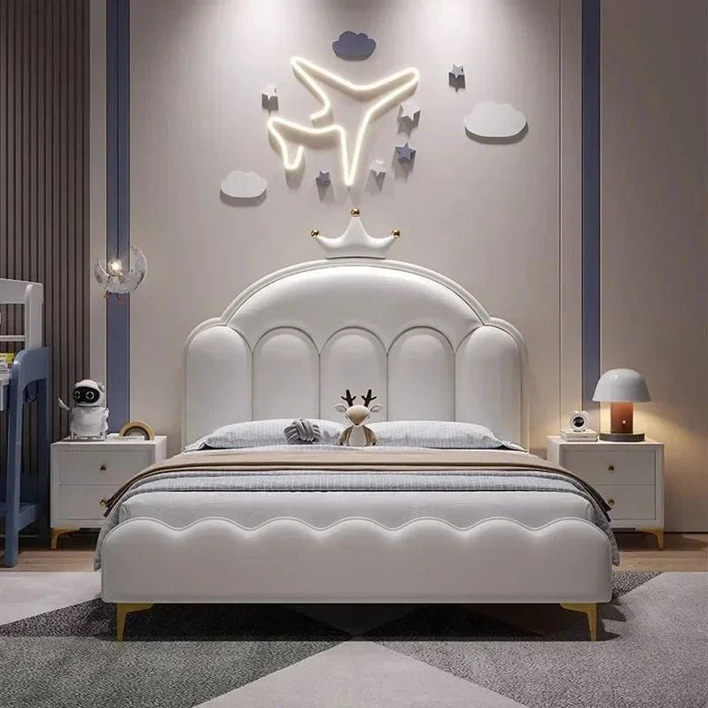 Modern bedroom with a white bed, nightstands, and decorative wall lights. Cloud style bed, Children bed, baby bed, modern aesthetic bedframe. 