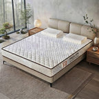 A cozy, Japandi-inspired bedroom interior featuring the Compressed Roll-Wrapped Pocket Spring Mattress on a low-profile wooden frame, emphasizing the serene and contemporary aesthetic.