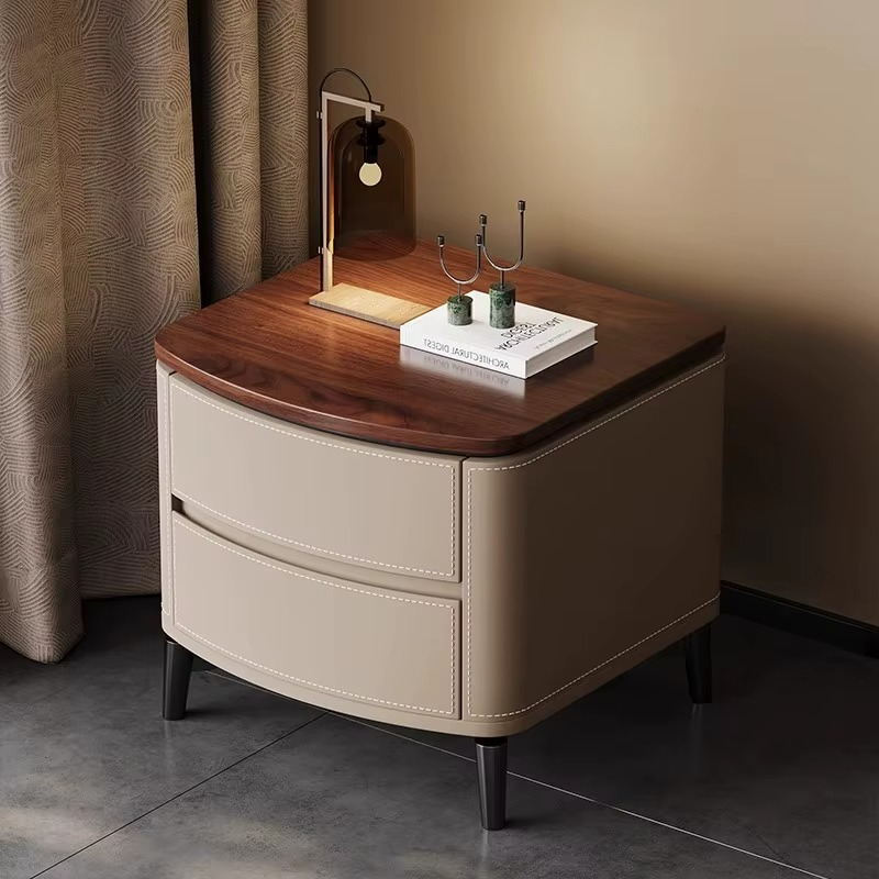 Modern nightstand with wooden top and beige base in a room setting