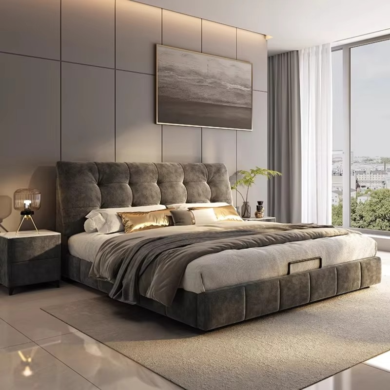 Modern bedroom with a large upholstered bed, side tables, and artwork on the wall. Daybed with trundle bed, Upholstered bedframe, Double bed base bed, Minimalist bedroom design. 