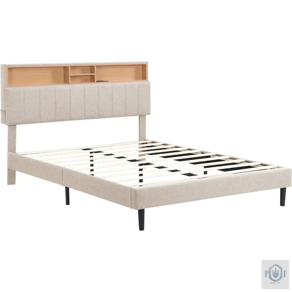 Wooden Platform Upholstered Bed Frame with with Storage Headboard.