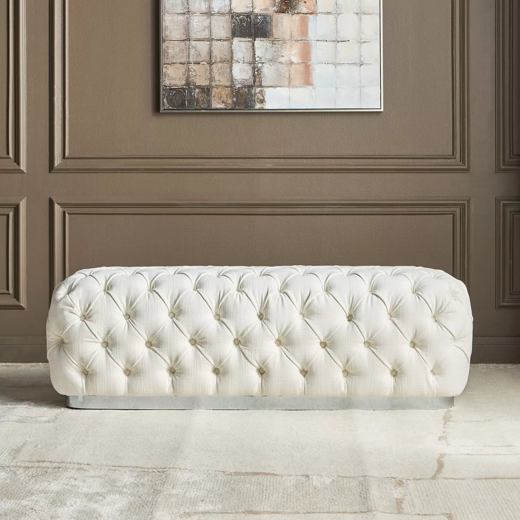 White tufted bench in a room with a abstract painting on the wall.              Tufted bench, Bench chair. 