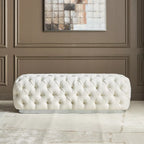 White tufted bench in a room with a abstract painting on the wall.              Tufted bench, Bench chair. 