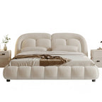 Beige upholstered bed with matching nightstands on a white background. Modern bedframe design, Upholstered bedframe, Elegant bedframe design, aesthetic modern bedframe design, solid wood furniture. 