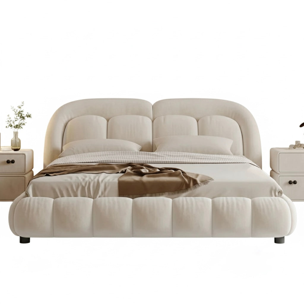 Beige upholstered bed with matching nightstands on a white background. Modern bedframe design, Upholstered bedframe, Elegant bedframe design, aesthetic modern bedframe design, solid wood furniture. 