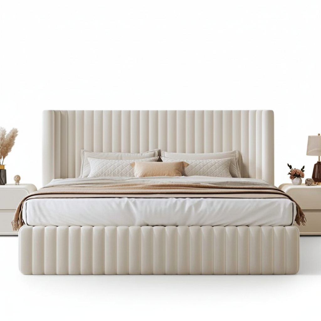 Beige upholstered bed with white bedding on a white background. Modern Bedframe design, European bedframe design, minimalist bedframe design, aesthetic bedframe design. 