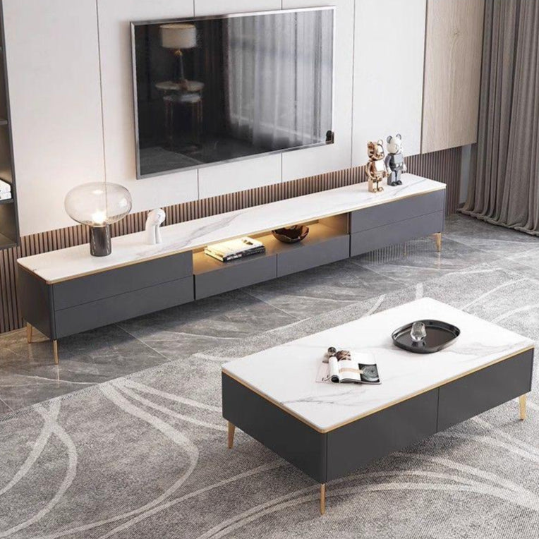 Elegant TV Stand & Coffee Table for Living Room with Storage. 
Elegant TV stand and coffee table set in a modern living room, with the TV stand in light gray and dark gray with gold accents, and the coffee table in white with gold accents.