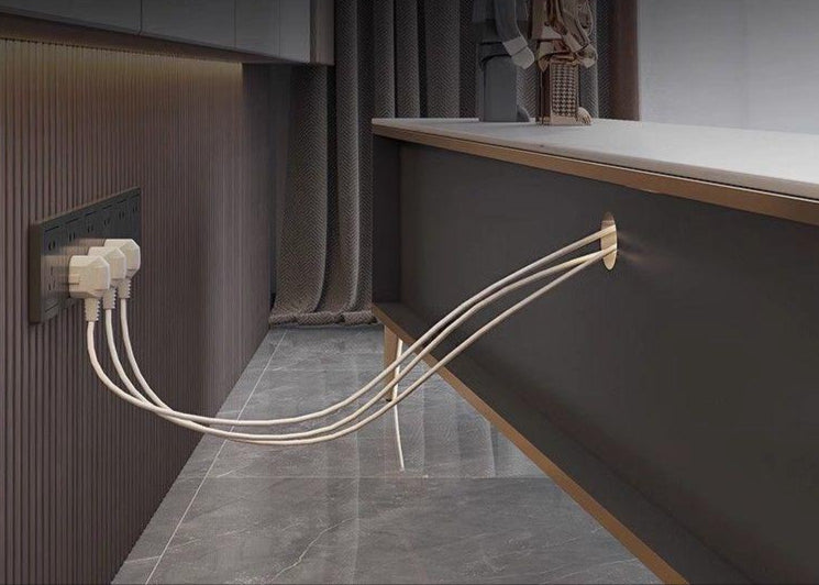 Elegant TV Stand & Coffee Table for Living Room with Storage 
Modern cable management system with neatly arranged cables in a kitchen setting.