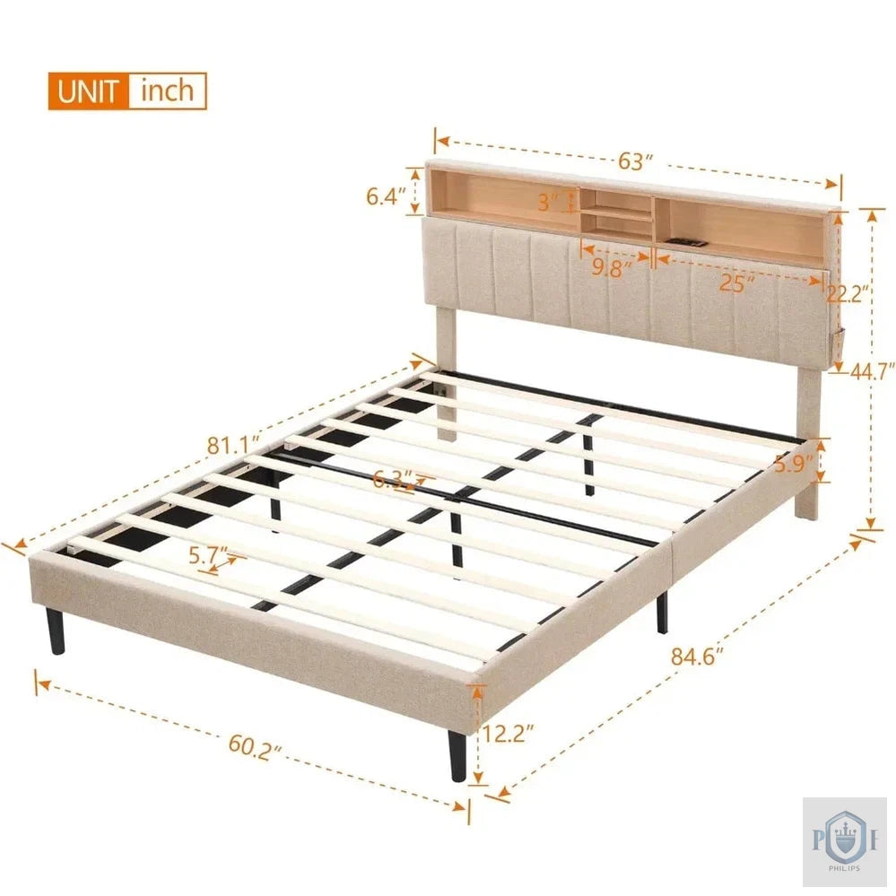 Wooden Platform Upholstered Bed Frame with with Storage Headboard.