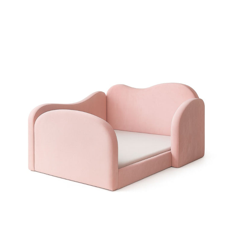 Pink children's bed with a white mattress on a white background. Upholstered bed, Modern design bed, Bedroom furniture. 