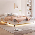 Modern bedroom with a bed, rug, and shelves. Bedframe with LED Light, Wooden bed, Minimalist bedframe design, Aesthetic bedframe, Modern bedroom design.