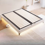 White bed frame with black slats in a modern bedroom setting