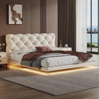 Modern bedroom with a tufted headboard and LED lighting. Floating bed, Lighted bed, Tufted headboard bed, Aesthetic modern bed design. 