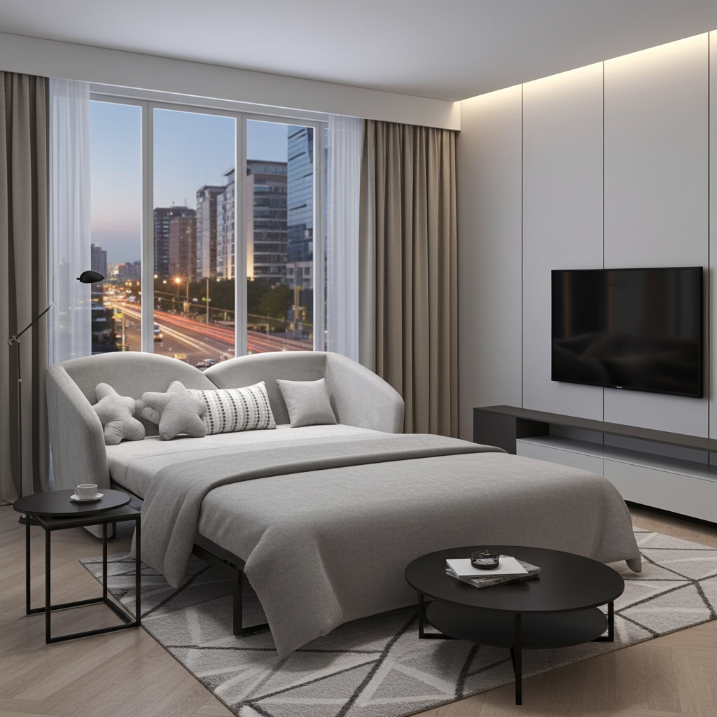 "Upgrade your living room with a folding dual-purpose sofa bed. Comfortable by day, practical by night, space-saving design with durable materials. Free assembly available."