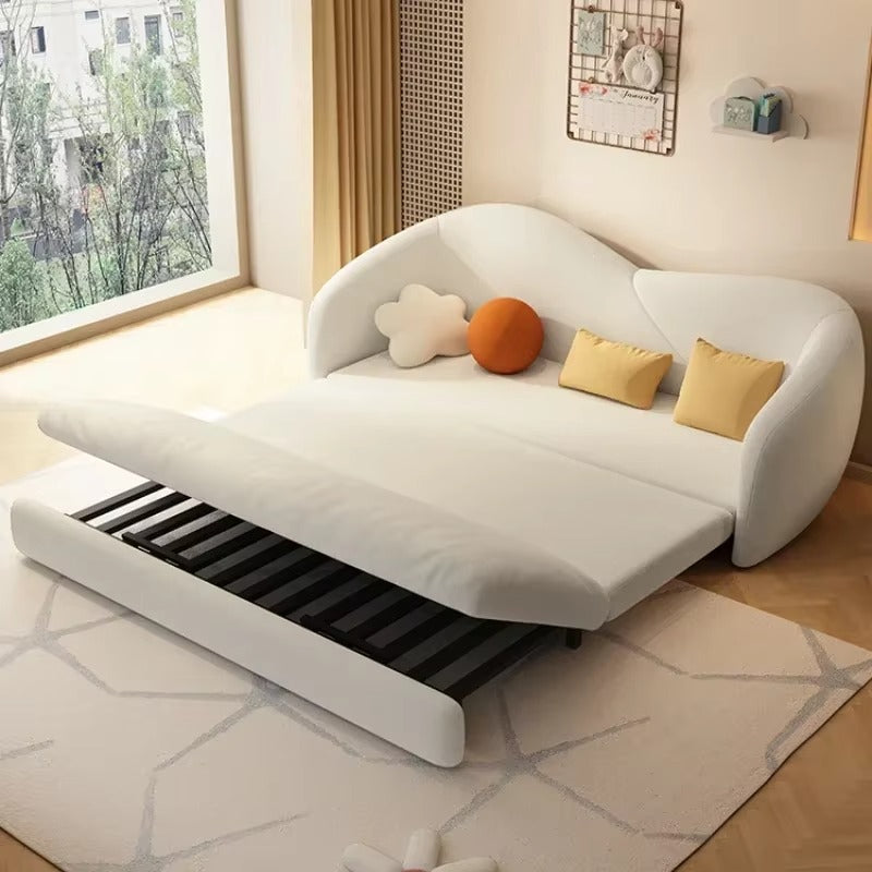White sofa bed with cushions in a room with a window and rug. Minimalist sofa bed, Folding Sofa, Living room foldable sofa, Pull out sofa. 