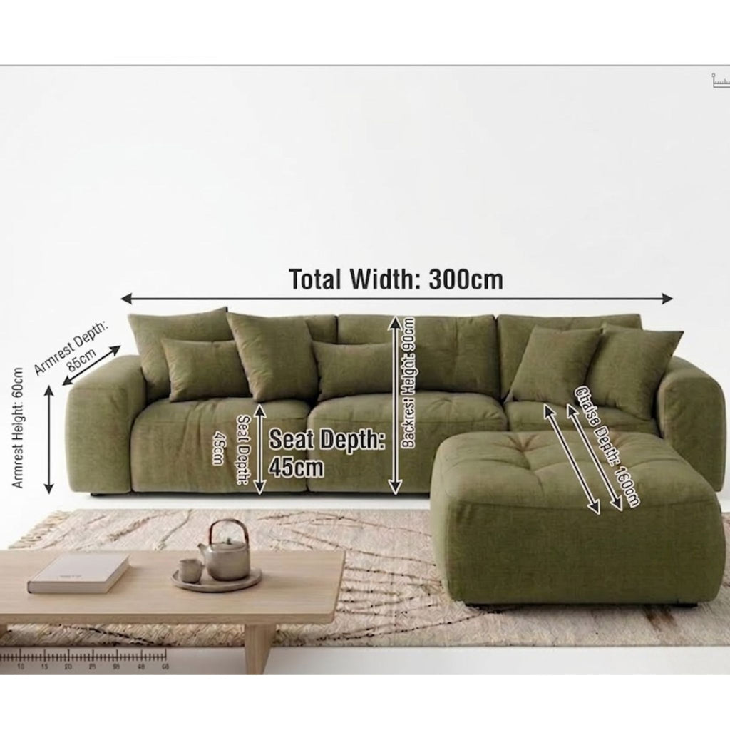 Detailed view of the Forest Glen Modular Sofa against a bright studio background, highlighting its professional design and dimensions.