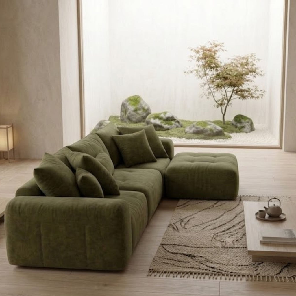 Contemporary Forest Glen Modular Sofa with matching ottoman, presented on a soft, neutral-toned area rug