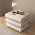 Modern white nightstand with a lamp and digital clock on a wooden floor. Modern Nightstand, Nordic design bedside, French design bedside. 
