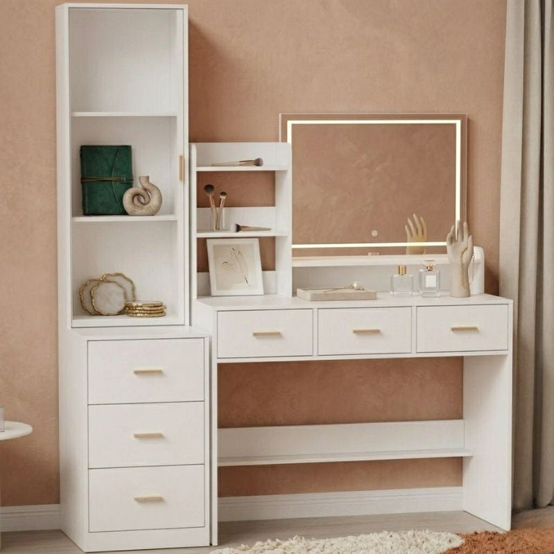 White vanity with mirror and shelves against a beige wall - Minimalist vibe
