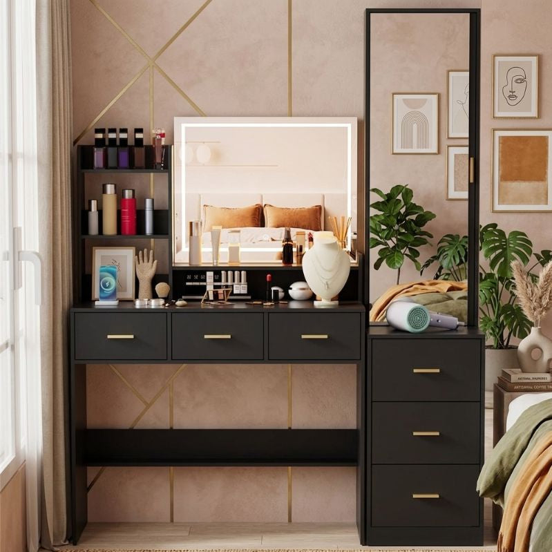 Dresser with mirror and various items in a bedroom setting