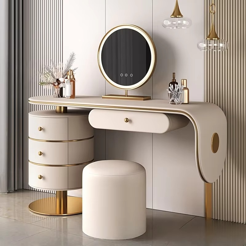 Wooden Dressing Table Set Light Luxury Bedroom Furniture LED Makeup Mirror Vanity Smart Drawers Panel Style