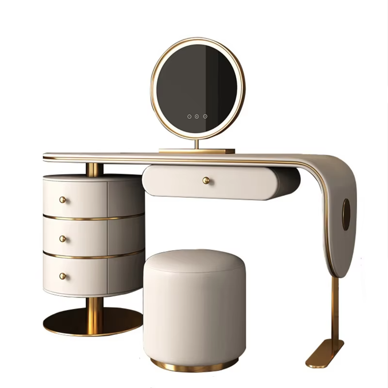 Wooden Dressing Table Set Light Luxury Bedroom Furniture LED Makeup Mirror Vanity Smart Drawers Panel Style