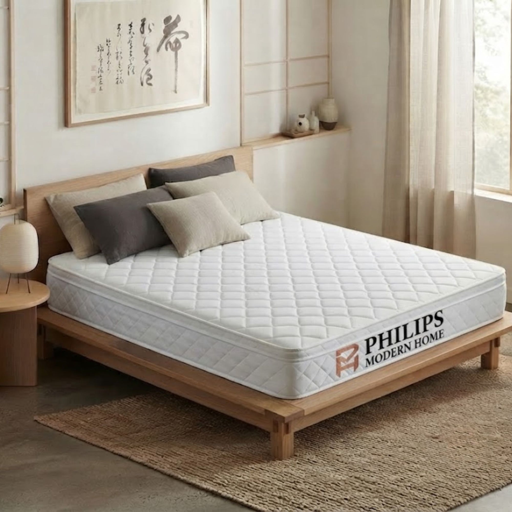A minimalist, Japandi-inspired Hara Comfort Mattress set on a low wooden bed frame, emphasizing its luxurious, cloud-like comfort and aesthetic design.