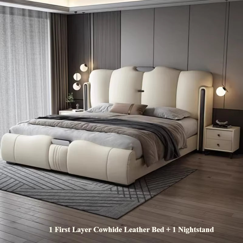 Queen Size Leather Bed Double Set Backrest White Modern Storage Bedroom Beds