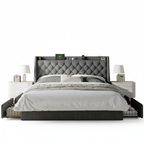 Premium Bed Frame with 4 Storage Drawers Fully Upholstered with Charging Station, Tufted Wingback Storage Headboard