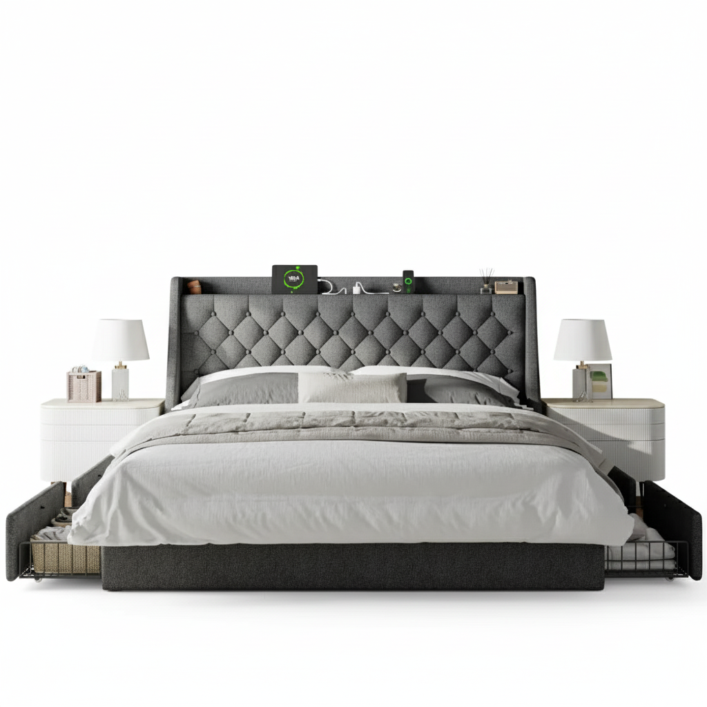 Premium Bed Frame with 4 Storage Drawers Fully Upholstered with Charging Station, Tufted Wingback Storage Headboard