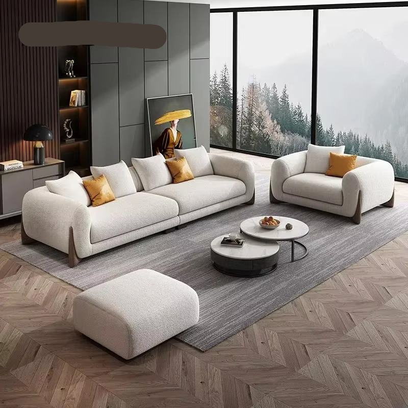 Modern living room with white sofas, a coffee table, and decorative items. Italian style couch, Solid wood furniture, Minimalist furniture, Modern living room. 
