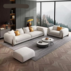 Modern living room with white sofas, a coffee table, and decorative items. Italian style couch, Solid wood furniture, Minimalist furniture, Modern living room. 