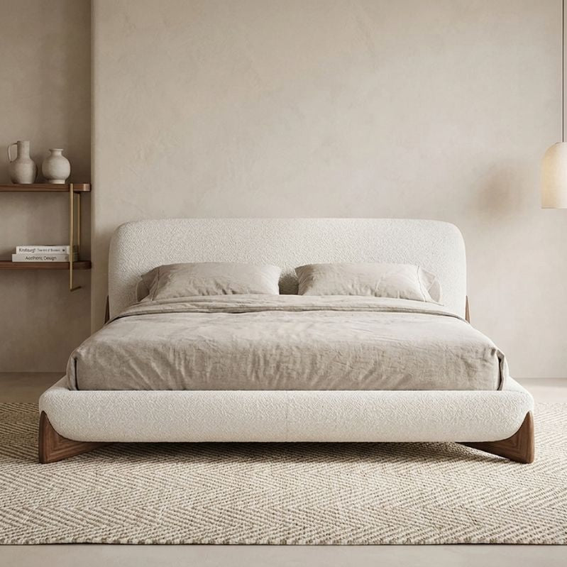 Japandi Minimalist Upholstered Platform Boucle Bed with Wooden Legs