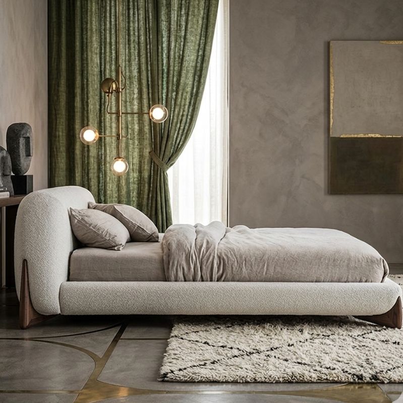 Japandi Minimalist Upholstered Platform Boucle Bed with Wooden Legs