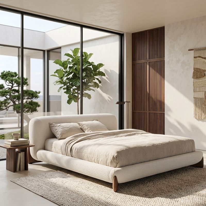 Japandi Minimalist Upholstered Platform Boucle Bed with Wooden Legs