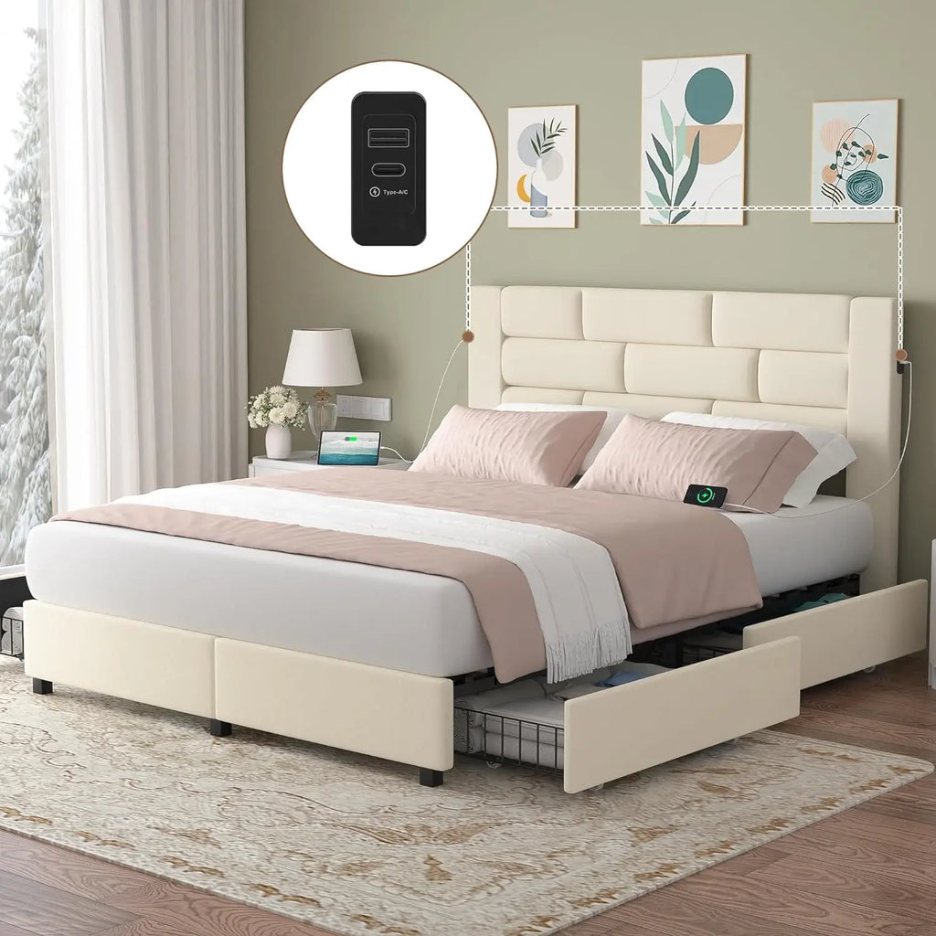 Upholstered Bed Frame with High Headboard, Storage Drawers, USB Charging Ports