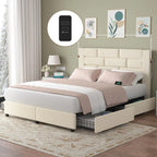 Upholstered Bed Frame with High Headboard, Storage Drawers, USB Charging Ports