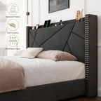 King platform bed frame with Solid wood slats & wingback shelf