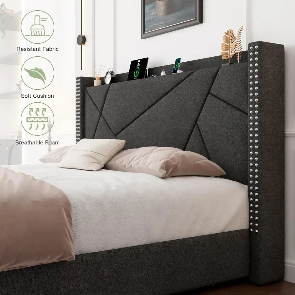 King platform bed frame with Solid wood slats & wingback shelf