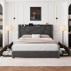 King platform bed frame with Solid wood slats & wingback shelf