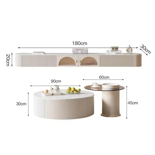 Dimensions of a modern living room furniture set including a TV stand, round coffee table, and side table. Minimalist modern design for living room furniture, Living room reset, TV stand design, coffee table design. 
