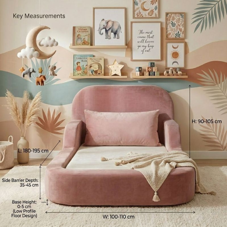 Pink children's chair with measurements in a room with wall art and decor.