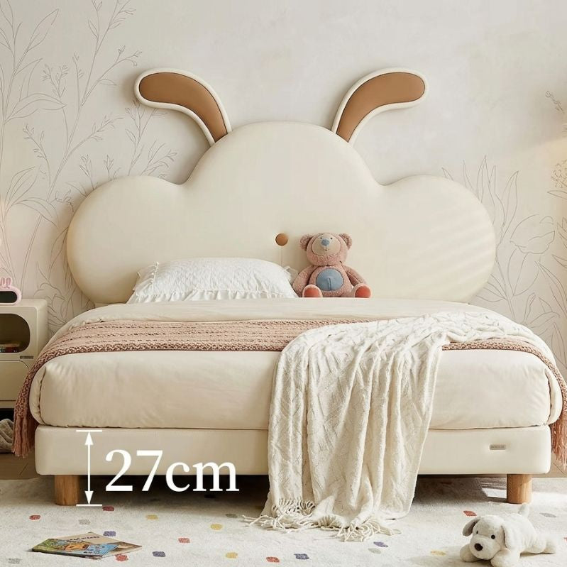 Children's bed with cloud-shaped headboard and teddy bear, measurement label '27cm' visible.