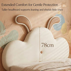 Baby headboard with cloud design and text about extended comfort and protection.
